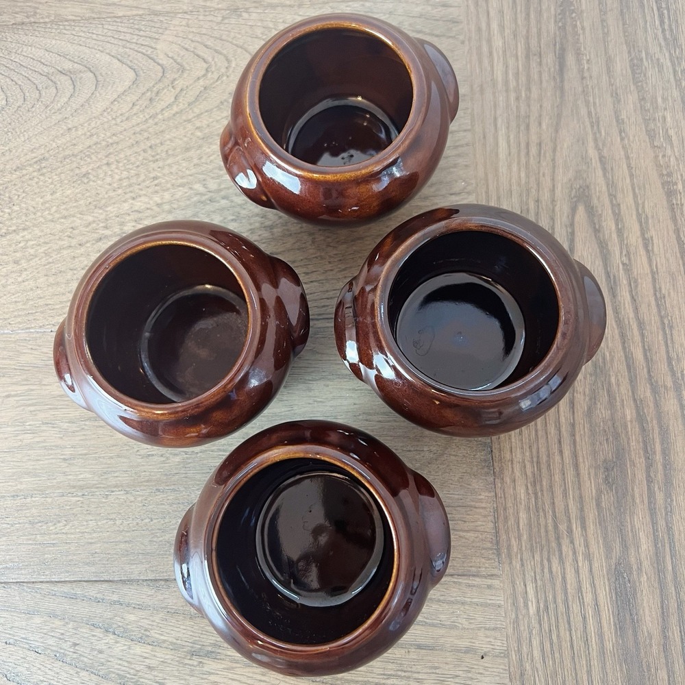 VINTAGE DARK BROWN MINI BEAN BOWLS STONEWARE POT MARKED ON BOTTOM USA (SET OF 4)
